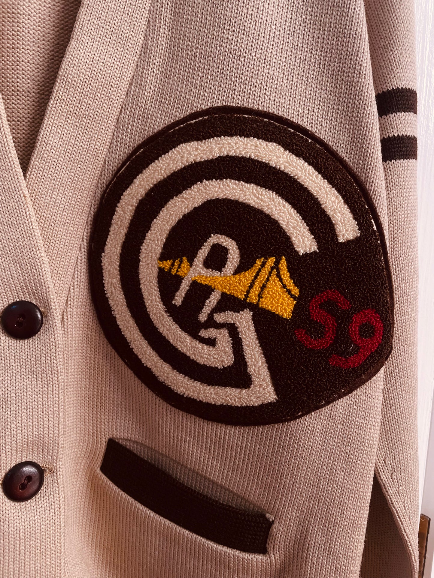 Golden Gate Bridge patch on tan 1959 varsity letterman sweater